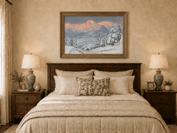 Framed hand-painted alpine town oil painting beneath glowing pink mountain peaks displayed above a wooden bed in a neutral bedroom.