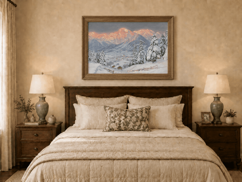 Framed hand-painted alpine town oil painting beneath glowing pink mountain peaks displayed above a wooden bed in a neutral bedroom.