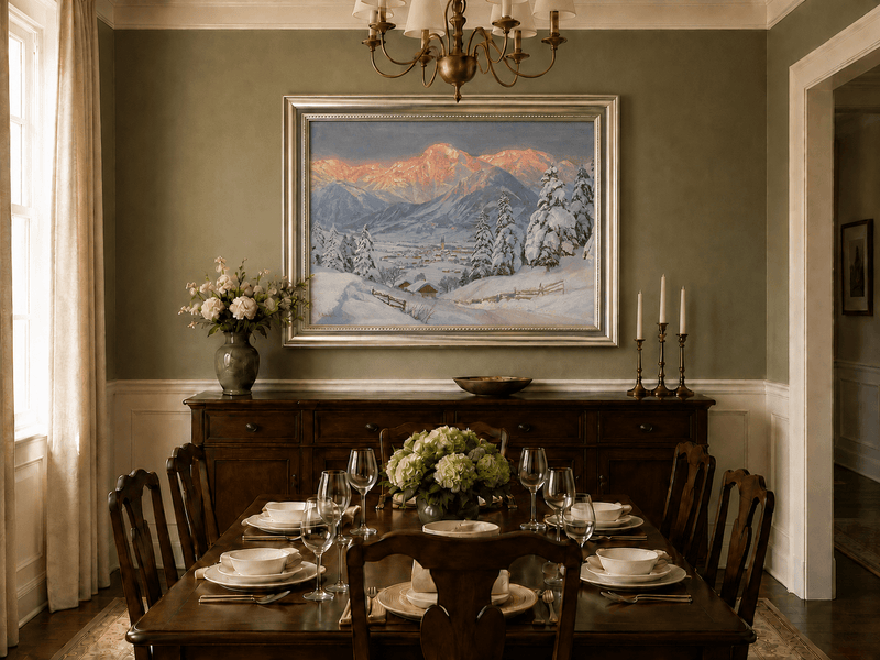 Framed hand-painted alpine town oil painting beneath glowing pink mountain peaks displayed above a formal dining table.