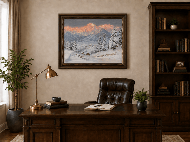Framed hand-painted alpine town oil painting beneath glowing pink mountain peaks displayed above a traditional home office desk.