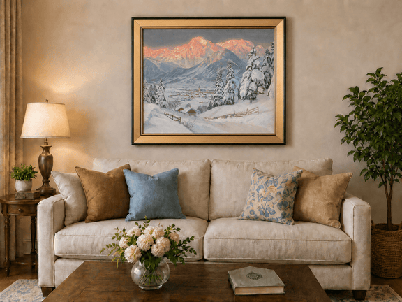 Framed hand-painted alpine town oil painting beneath glowing pink mountain peaks displayed above a neutral living room sofa.