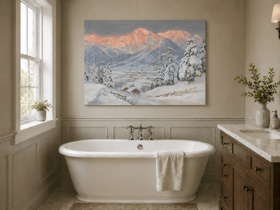 Unframed hand-painted alpine town oil painting beneath glowing pink mountain peaks displayed above a freestanding bathtub.