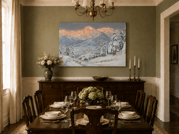 Unframed hand-painted alpine town oil painting beneath glowing pink mountain peaks displayed above a formal dining table.