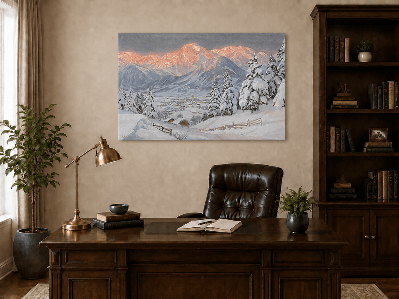 Unframed hand-painted alpine town oil painting beneath glowing pink mountain peaks displayed above a traditional home office desk.