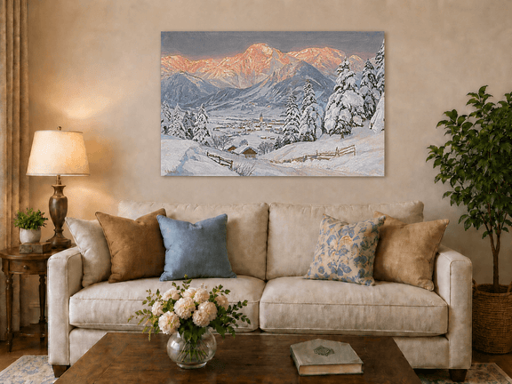 Unframed hand-painted alpine town oil painting beneath glowing pink mountain peaks displayed above a neutral living room sofa.