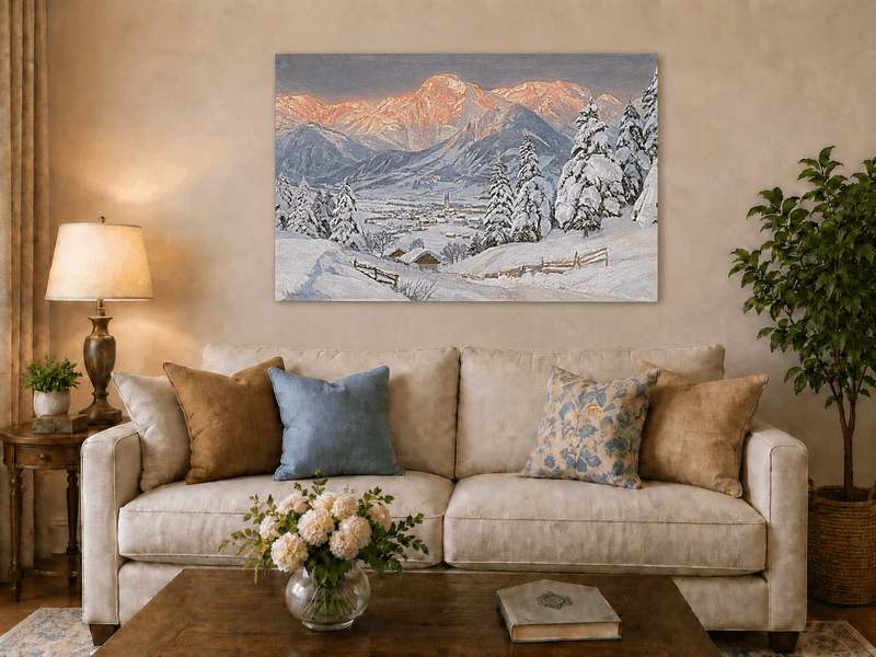 Unframed hand-painted alpine town oil painting beneath glowing pink mountain peaks displayed above a neutral living room sofa.