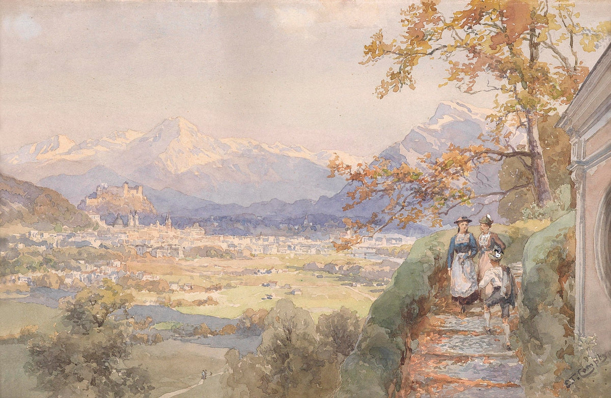 Hand painted landscape oil painting of alpine village with snowy mountain peaks, textured brushwork on canvas, warm autumn. - Add Frame, Alpine, Canvas, Hand Painted, Landscape, Made To Order, Mountain, Oil Painting, Village, Winter