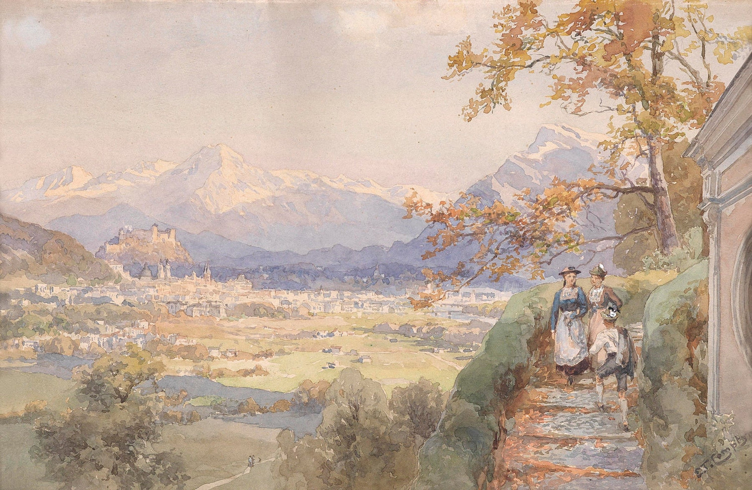 Alpine Town View with Mountain Peaks - Landscape Oil Painting - Oil Painting Haven