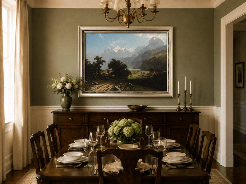 Framed hand-painted alpine valley oil painting with a lake and layered mountain peaks displayed above a formal dining table.