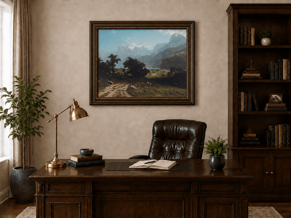 Framed hand-painted alpine valley oil painting with a lake and layered mountain peaks displayed above a traditional home office desk.