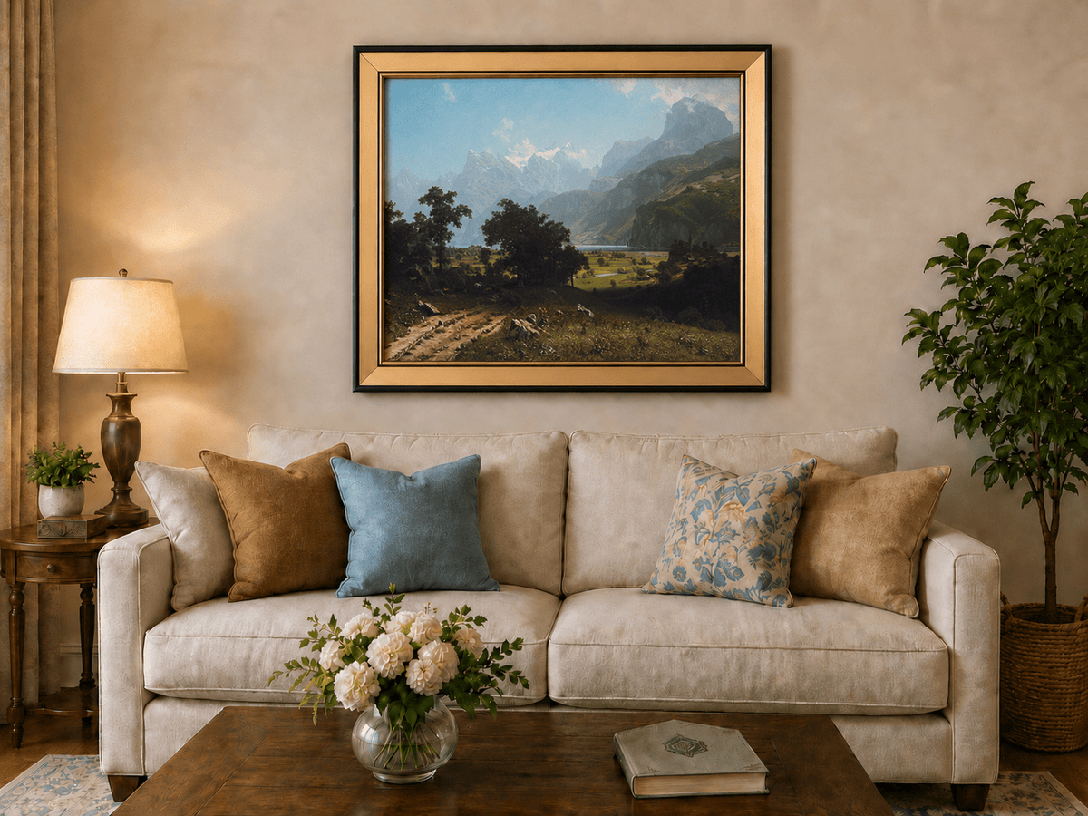 Framed hand-painted alpine valley oil painting with a lake and layered mountain peaks displayed above a neutral living room sofa.