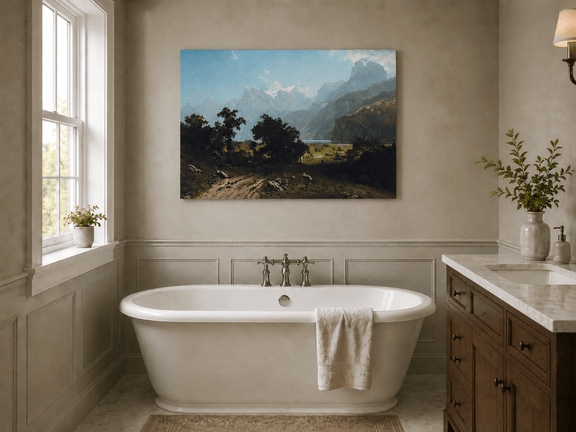 Unframed hand-painted alpine valley oil painting with a lake and layered mountain peaks displayed above a freestanding bathtub.