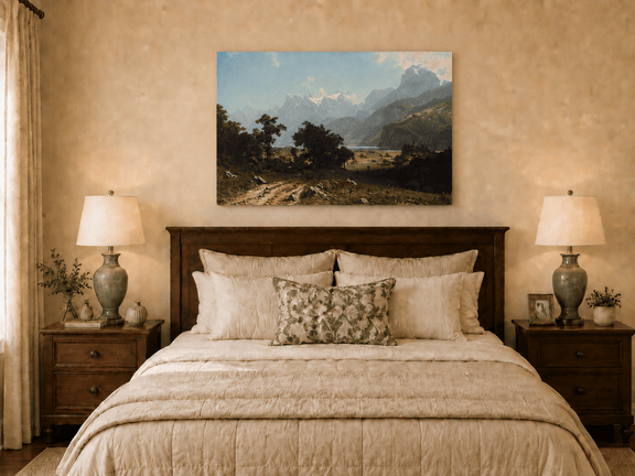 Unframed hand-painted alpine valley oil painting with a lake and layered mountain peaks displayed above a wooden bed in a neutral bedroom.
