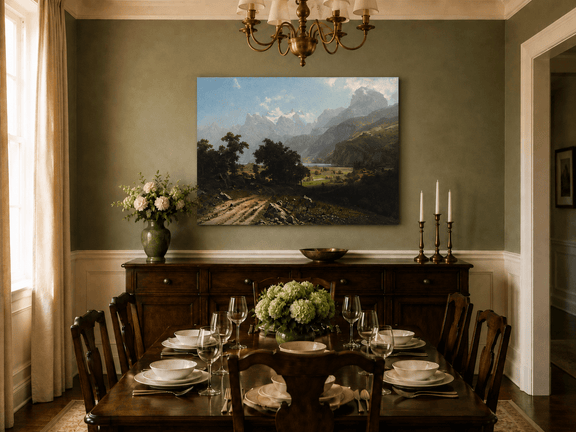 Unframed hand-painted alpine valley oil painting with a lake and layered mountain peaks displayed above a formal dining table.