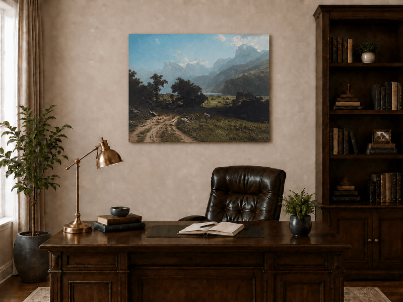 Unframed hand-painted alpine valley oil painting with a lake and layered mountain peaks displayed above a traditional home office desk.