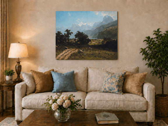 Unframed hand-painted alpine valley oil painting with a lake and layered mountain peaks displayed above a neutral living room sofa.