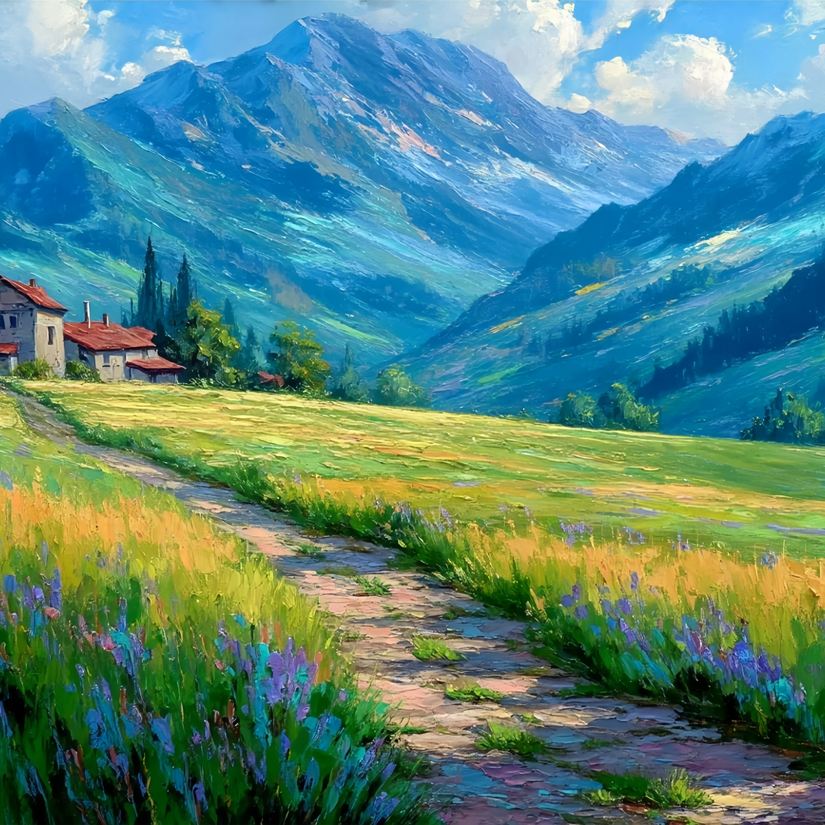 Alpine Valley Red Roofs Original Oil Painting For Sale - Oil Painting Haven