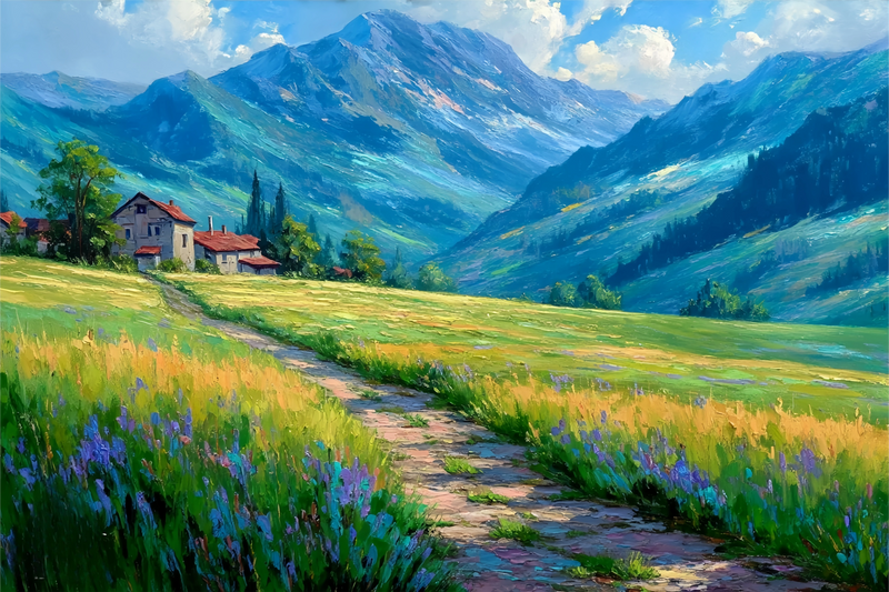 Alpine Valley Red Roofs Original Oil Painting For Sale - Oil Painting Haven