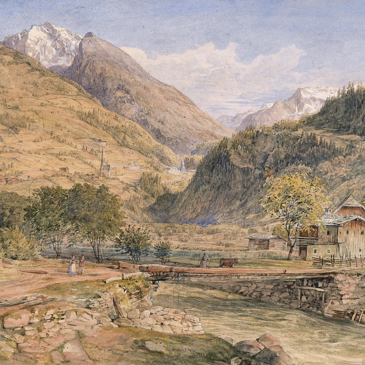 Alpine Valley Village with Bridge, Mountains – Landscape Oil Painting - Oil Painting Haven