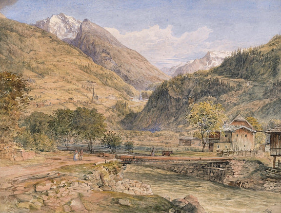 Alpine Valley Village with Bridge, Mountains – Landscape Oil Painting - Oil Painting Haven