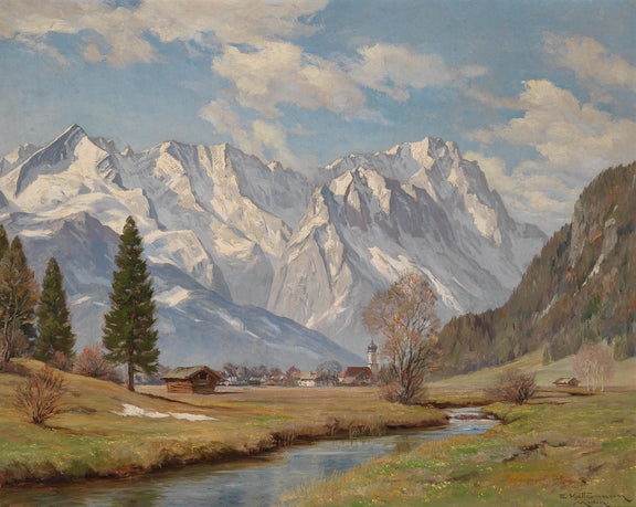 Alpine Village and Snowy Mountains Hand - Painted Landscape Oil Painting - Oil Painting Haven