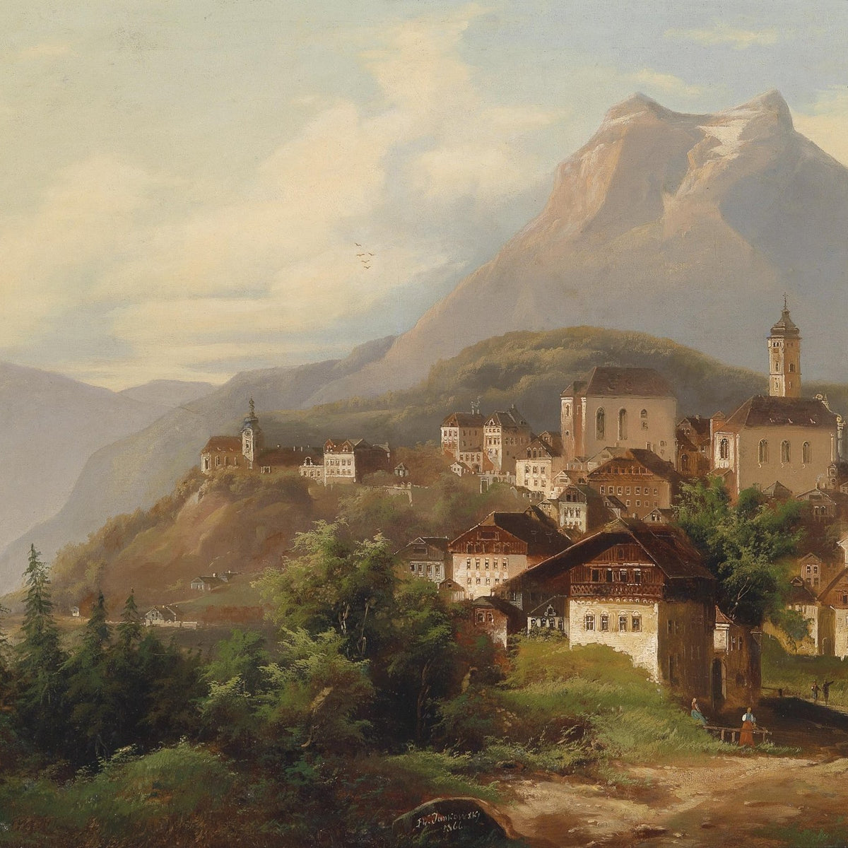 Alpine Village by the Lake | Hand - Painted Landscape Oil Painting - Oil Painting Haven