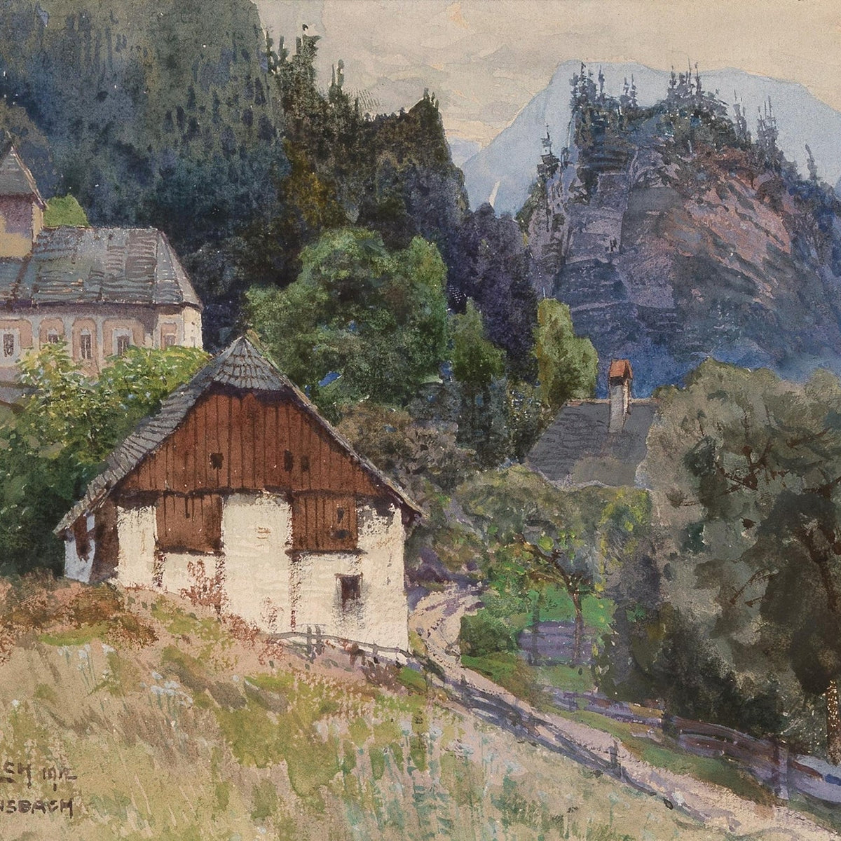 Hand-painted alpine village church and mountain view landscape oil painting on canvas