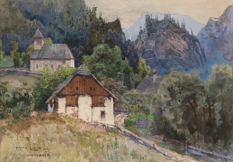 Hand-painted alpine village church and mountain view landscape oil painting on canvas