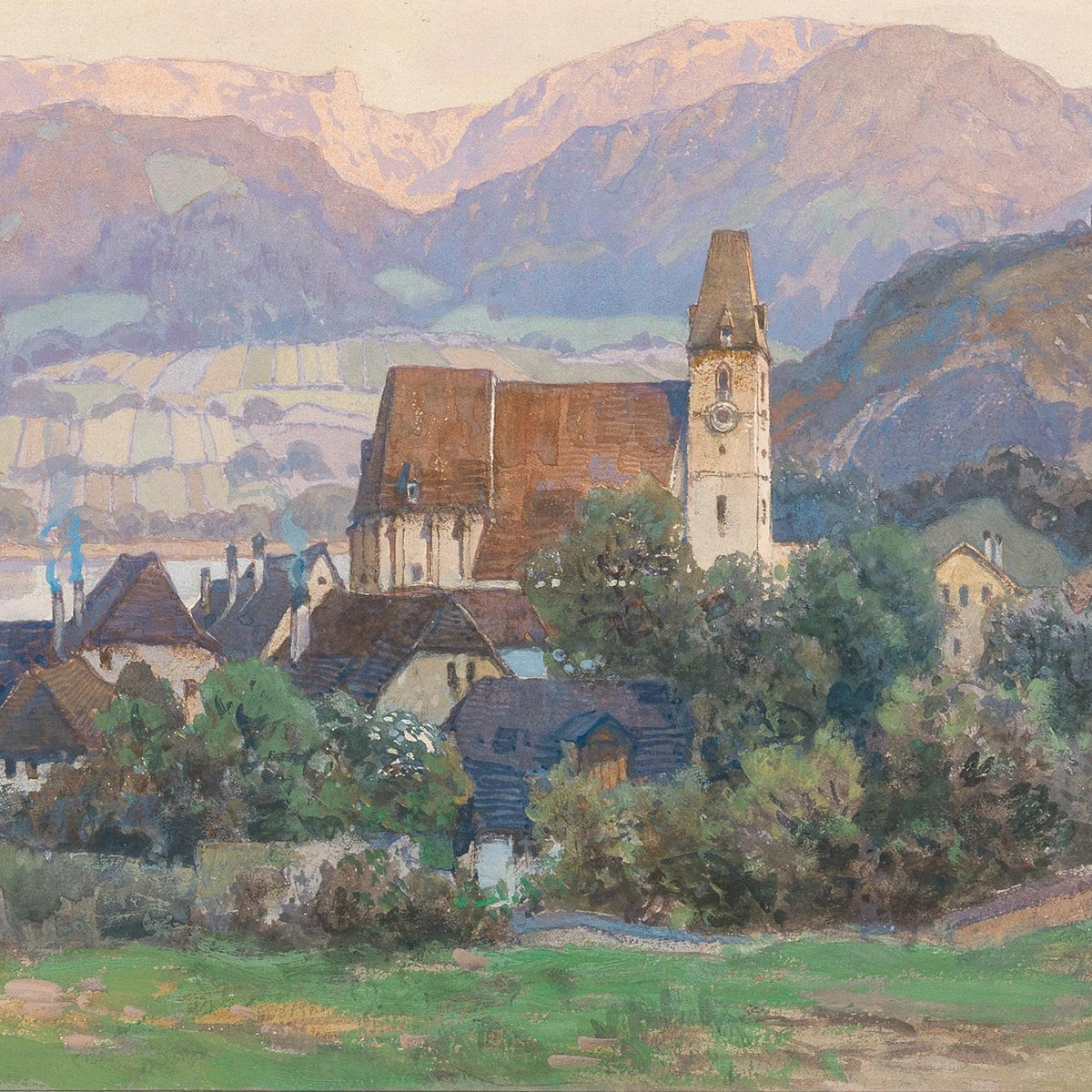 Hand-painted alpine village church mountain view landscape oil painting on canvas