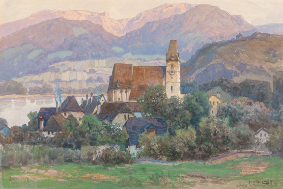 Hand-painted alpine village church mountain view landscape oil painting on canvas