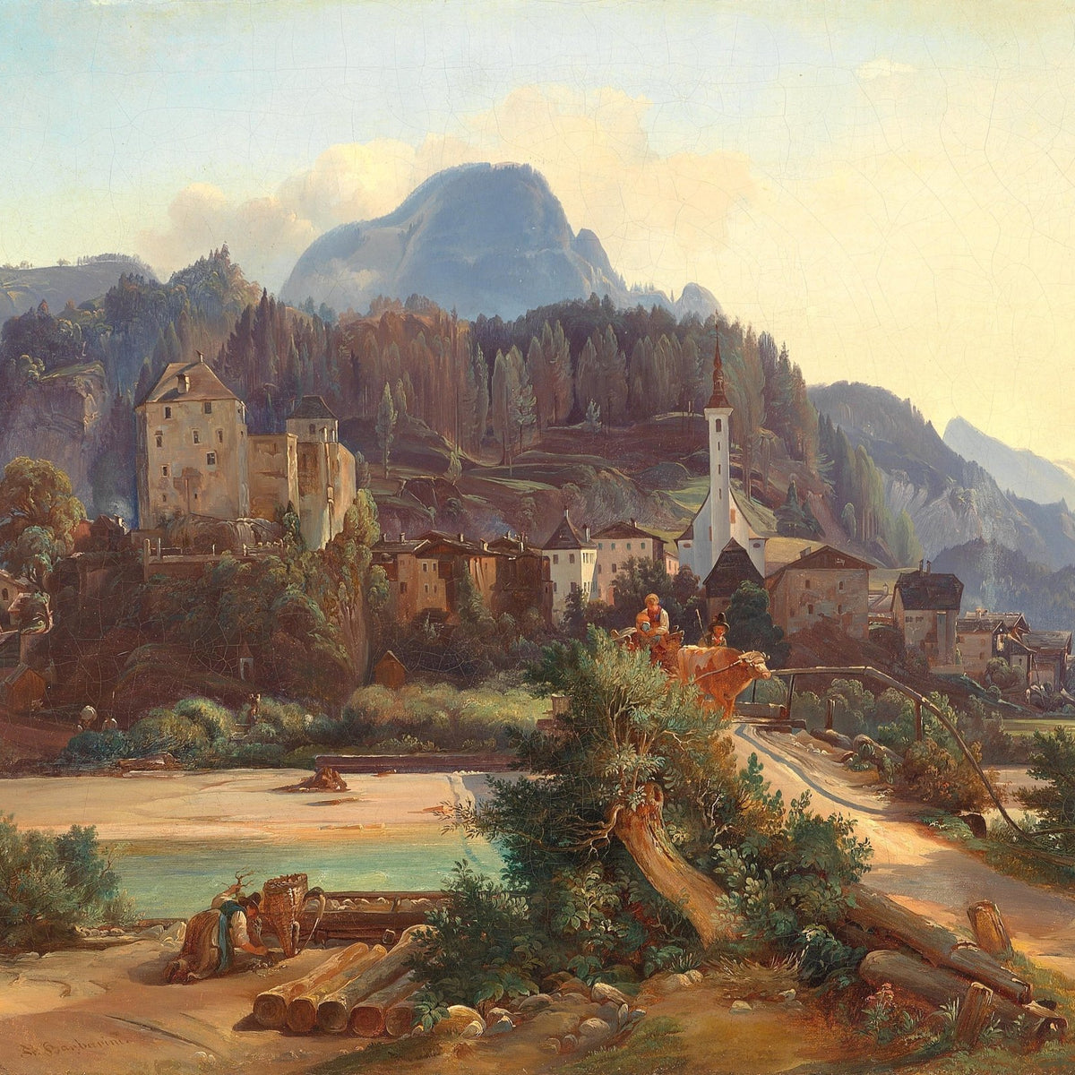 Alpine Village Landscape Oil Painting with Castle and Mountain View - Oil Painting Haven