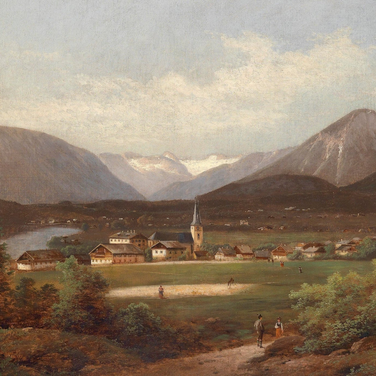 Alpine Village Valley, Church, Mountains – Landscape Oil Painting - Oil Painting Haven