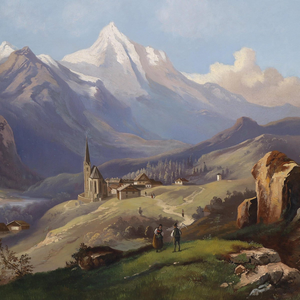 Alpine Village with Church | Hand - Painted Landscape Oil Painting - Oil Painting Haven
