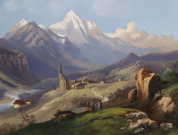 Alpine Village with Church | Hand - Painted Landscape Oil Painting - Oil Painting Haven