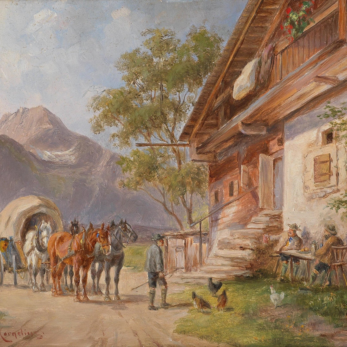 Alpine Village with Horse Cart and Farmhouse – Landscape Oil Painting - Oil Painting Haven