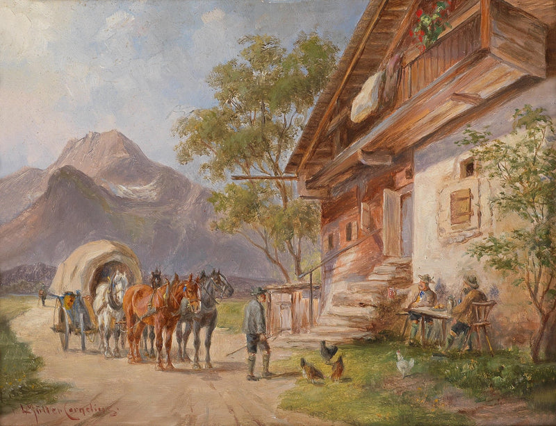 Alpine Village with Horse Cart and Farmhouse – Landscape Oil Painting - Oil Painting Haven