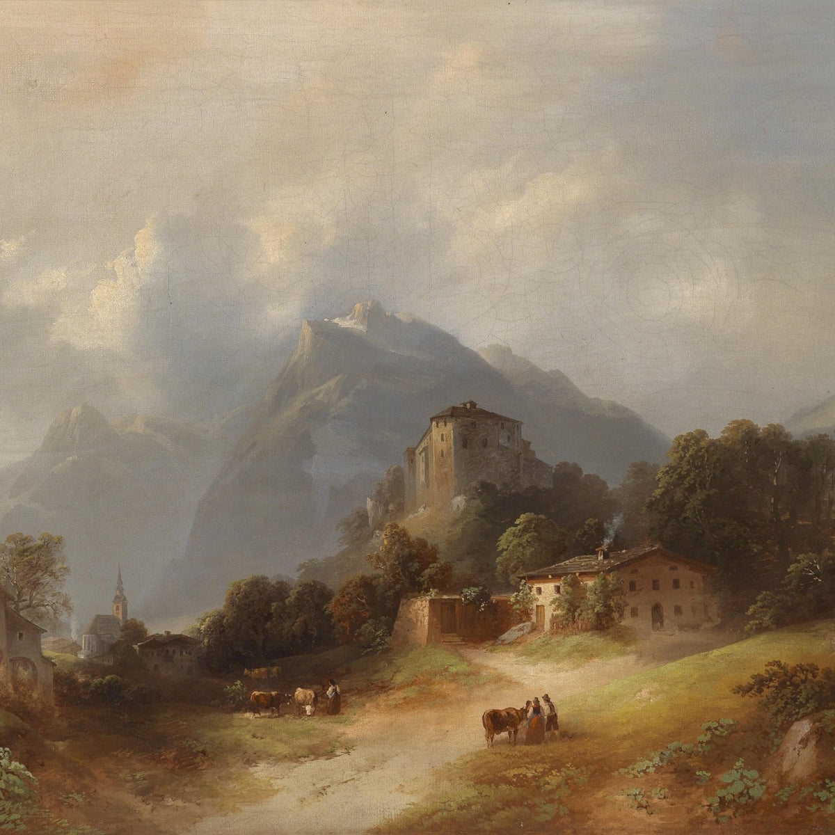 Alpine Village with Mountain Path | Hand - Painted Landscape Oil Painting - Oil Painting Haven