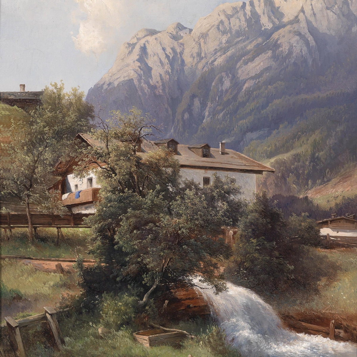 Alpine Village with Stream | Hand - Painted Landscape Oil Painting - Oil Painting Haven