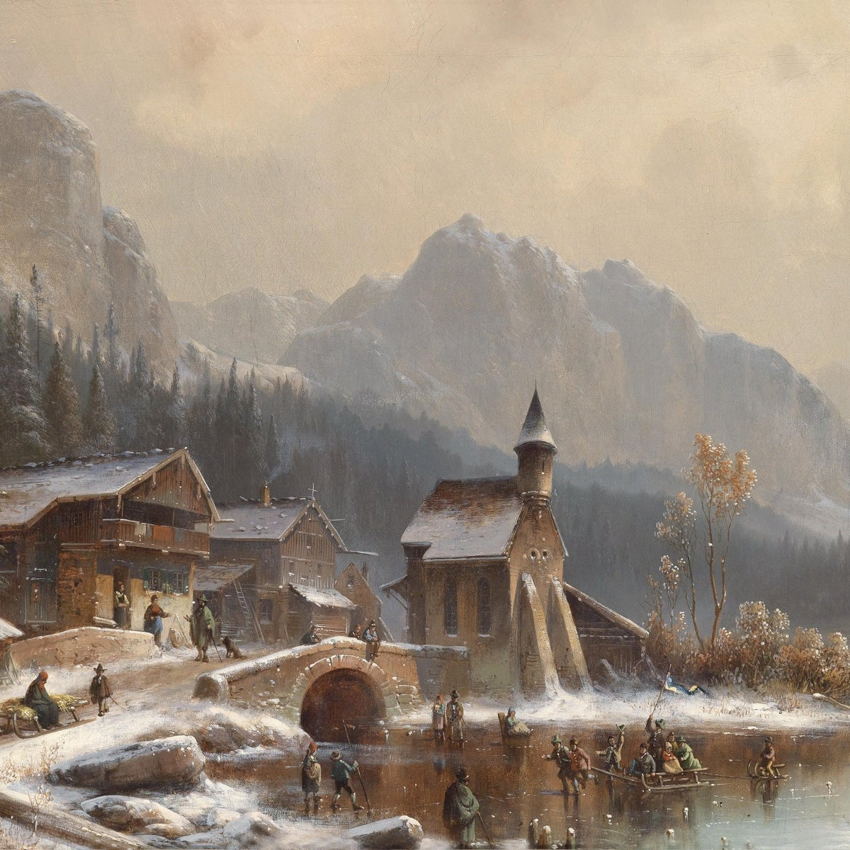 Alpine Winter Village by the Lake | Hand - Painted Landscape Oil Painting - Oil Painting Haven