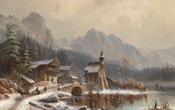 Alpine Winter Village by the Lake | Hand - Painted Landscape Oil Painting - Oil Painting Haven