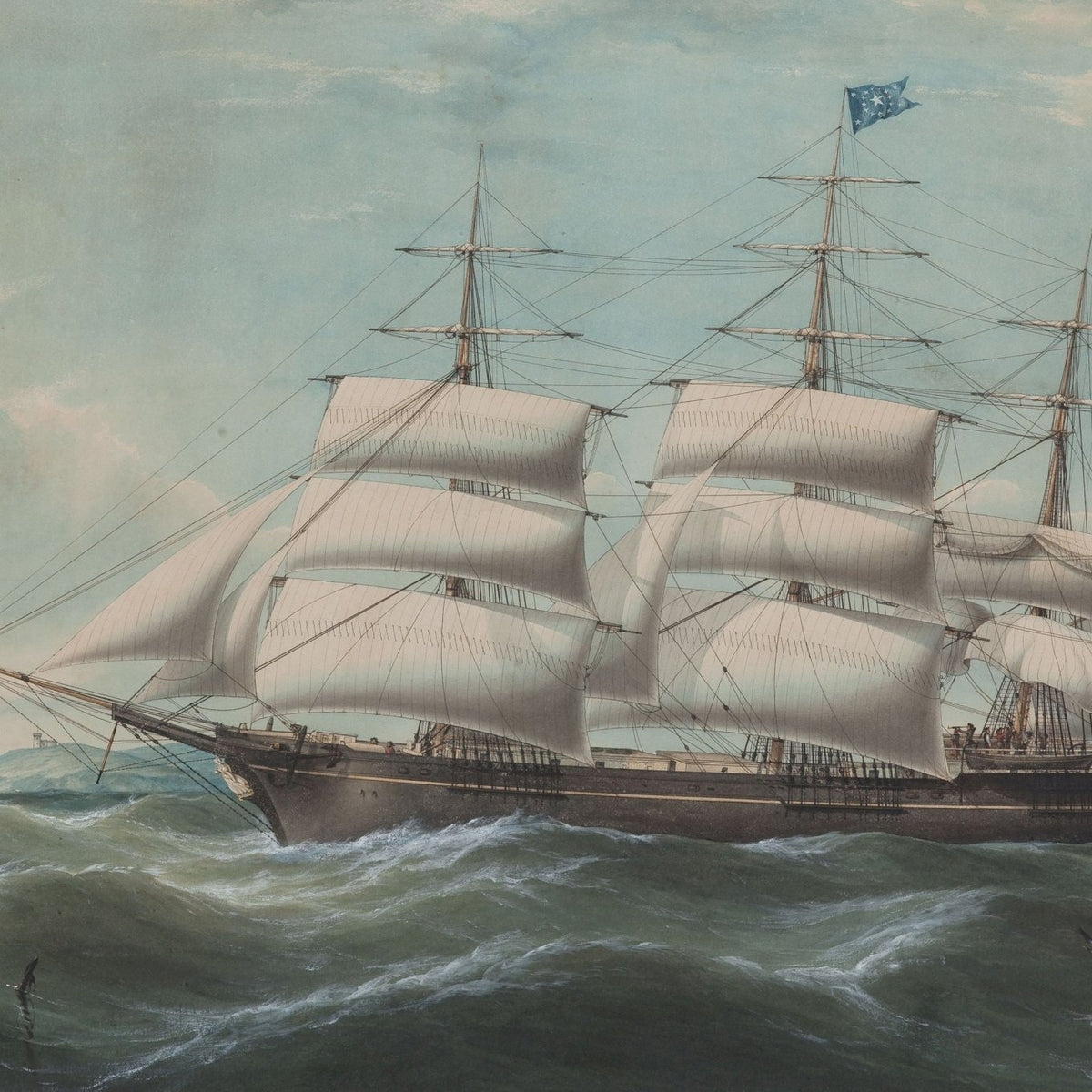Hand-painted American clipper with full white sails nautical oil painting on canvas
