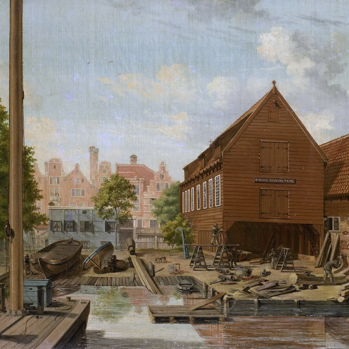 Landscape oil painting of Amsterdam boatyard with wooden buildings and calm canal, textured brushwork on oil on canvas. - Add Frame, Canal, Canvas, Hand Painted, Landscape, Made To Order, Oil Painting, Venice