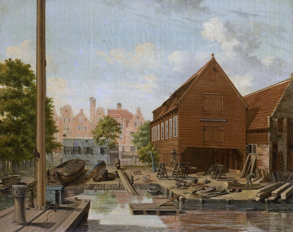 Landscape oil painting of Amsterdam boatyard with wooden buildings and calm canal, textured brushwork on oil on canvas. - Add Frame, Canal, Canvas, Hand Painted, Landscape, Made To Order, Oil Painting, Venice