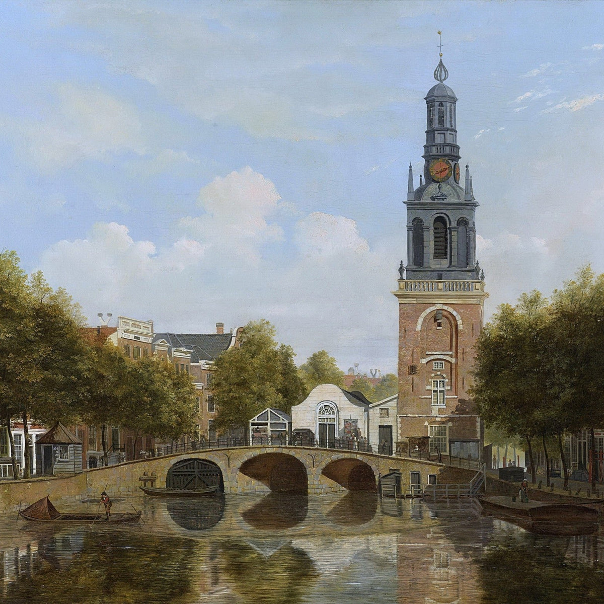 Landscape oil painting of Amsterdam canal with stone bridge and tall clock tower, textured brushwork on canvas. - Add Frame, Architecture, Canal, Canvas, Hand Painted, Landscape, Made To Order, Oil Painting, Venice