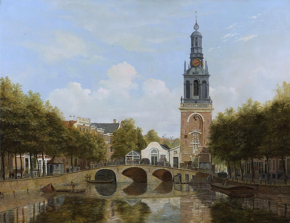 Landscape oil painting of Amsterdam canal with stone bridge and tall clock tower, textured brushwork on canvas. - Add Frame, Architecture, Canal, Canvas, Hand Painted, Landscape, Made To Order, Oil Painting, Venice