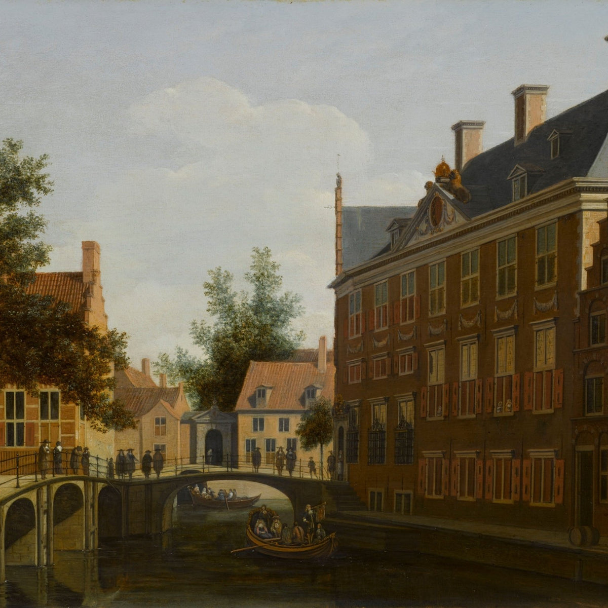 Landscape oil painting of Amsterdam canal with classic brick buildings, a stone bridge, and boat, textured brushwork and oil . - Add Frame, Architecture, Boat, Canal, Canvas, Hand Painted, Landscape, Made To Order, Oil Painting, Venice