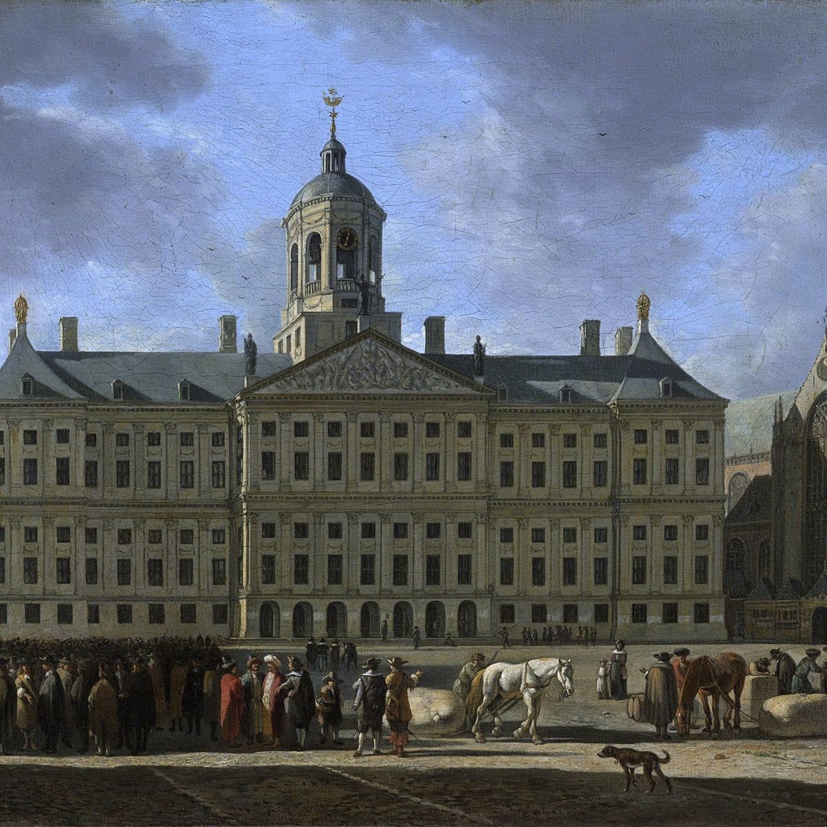 Hand painted landscape oil painting of Amsterdam City Hall and Dam Square with textured brushwork on canvas. - Add Frame, Canvas, Figure, Hand Painted, Landscape, Made To Order, Oil Painting