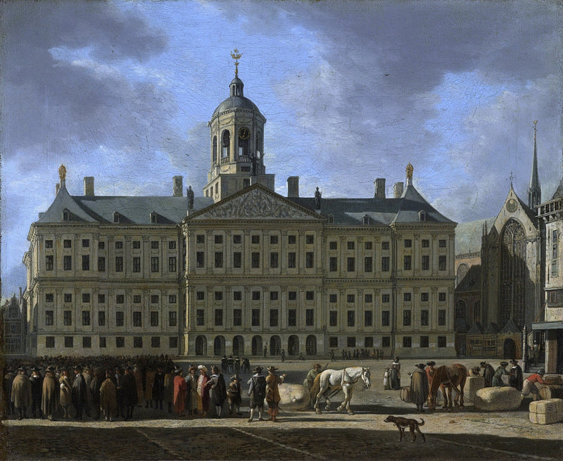Hand painted landscape oil painting of Amsterdam City Hall and Dam Square with textured brushwork on canvas. - Add Frame, Canvas, Figure, Hand Painted, Landscape, Made To Order, Oil Painting
