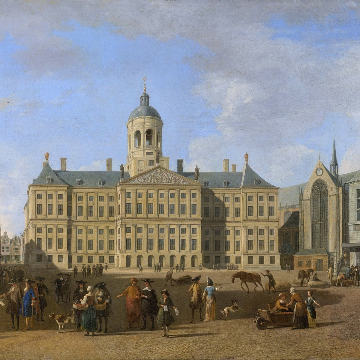 Hand painted landscape oil painting of Amsterdam Dam Square with City Hall, oil on canvas, textured brushwork, muted earth. - Add Frame, Canvas, Figure, Hand Painted, Landscape, Made To Order, Oil Painting