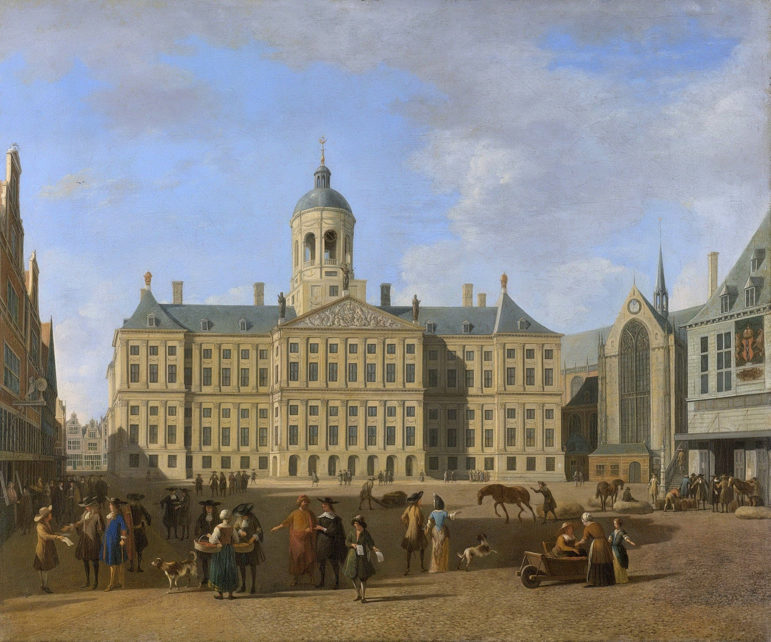 Hand painted landscape oil painting of Amsterdam Dam Square with City Hall, oil on canvas, textured brushwork, muted earth. - Add Frame, Canvas, Figure, Hand Painted, Landscape, Made To Order, Oil Painting